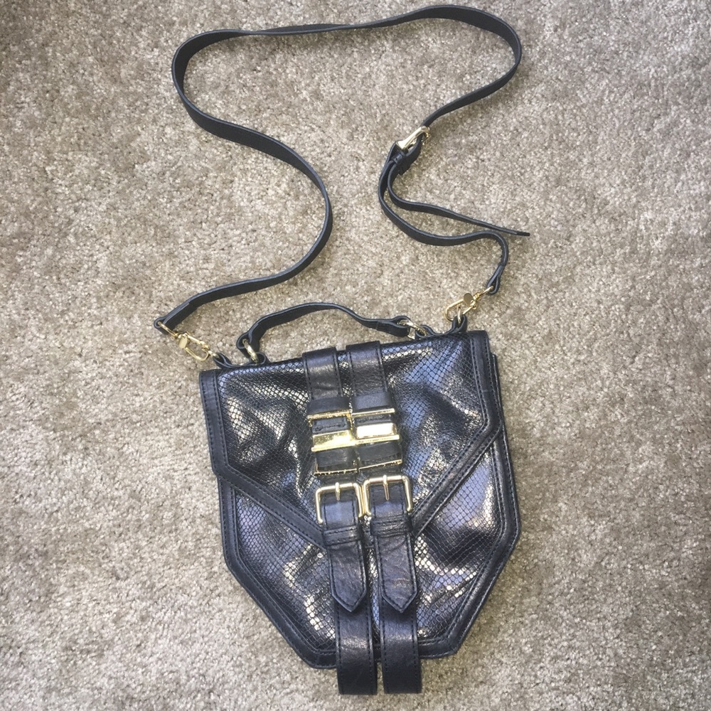 Treesje Leather Nolita Crossbody Snakeskin Embossed Black Gold Purse - Picture 2 of 8